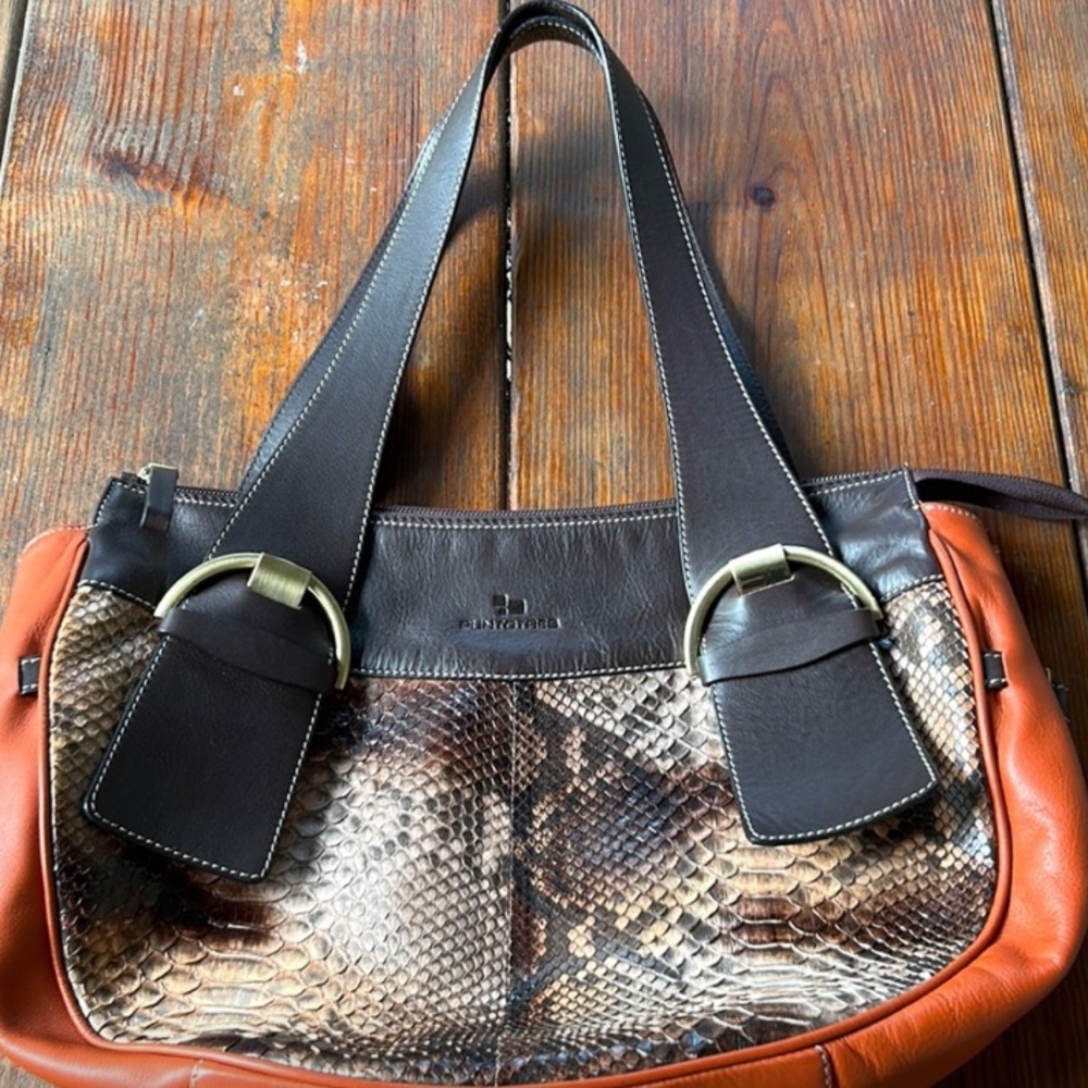 Puntotres made in Spain genuine leather brown and orange bag with python accent